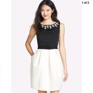 Eliza J Embellished Neck Colorblock Tulip Dress